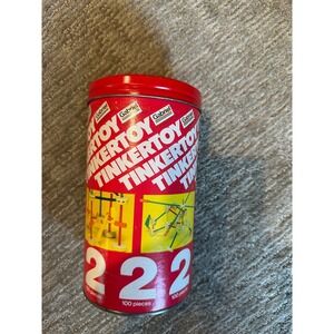 Vintage Gabriel Tinkertoy 222 Construction Set 100 Pieces Wooden Toy Red Tin